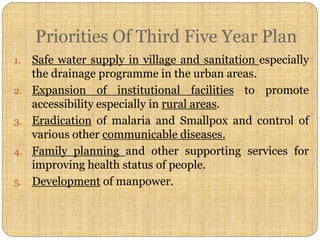Priorities Of Third Five Year Plan
1. Safe water supply in village and sanitation especially
the drainage programme in the urban areas.
2. Expansion of institutional facilities to promote
accessibility especially in rural areas.
3. Eradication of malaria and Smallpox and control of
various other communicable diseases.
4. Family planning and other supporting services for
improving health status of people.
5. Development of manpower.
 