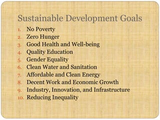 Sustainable Development Goals
1. No Poverty
2. Zero Hunger
3. Good Health and Well-being
4. Quality Education
5. Gender Equality
6. Clean Water and Sanitation
7. Affordable and Clean Energy
8. Decent Work and Economic Growth
9. Industry, Innovation, and Infrastructure
10. Reducing Inequality
 