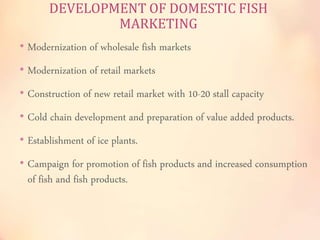 DEVELOPMENT OF DOMESTIC FISH 
MARKETING 
• Modernization of wholesale fish markets 
• Modernization of retail markets 
• Construction of new retail market with 10-20 stall capacity 
• Cold chain development and preparation of value added products. 
• Establishment of ice plants. 
• Campaign for promotion of fish products and increased consumption 
of fish and fish products. 
 