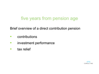 five years from pension age
Brief overview of a direct contribution pension
• contributions
• investment performance
• tax relief
APN
C O N S U L T I N G
 