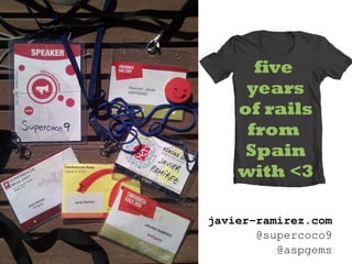 five
     years
    of rails
     from
     Spain
    with <3

javier-ramirez.com
       @supercoco9
          @aspgems
 