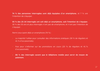 74 % des personnes interrogées sont déjà équipées d’un smartphone, et 7 % ont
l’intention de s’équiper.
95 % des 25-34 interrogés ont soit déjà un smartphone, soit l’intention de s’équiper.
30 % des 55 ans et plus interrogés n’ont pas de smartphone, et n’ont pas l’intention de
s’équiper.
Parmi ceux ayant déjà un smartphone (74 %) :
•	 La majorité l’utilise pour consulter des informations pratiques (39 % de réguliers et
41 % d’occasionnels).
•	 Puis pour s’informer sur les promotions en cours (20 % de réguliers et 41 %
d’occasionnels).
•	 88 % des interrogés savent que le téléphone mobile peut servir de moyen de
paiement.
17
 