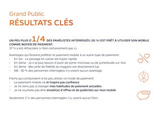 Grand Public￼
RÉSULTATS CLÉS
Avantages qui feraient préférer le paiement mobile à un autre type de paiement :
•	 En 1er : Le passage en caisse est hyper rapide
•	 En 2ème : Je n’ai plus besoin d’avoir de porte-monnaie ou de portefeuille sur moi
•	 En 3ème : Ma carte de fidélité du magasin est directement lue
•	 NB : 30 % des personnes interrogées n’y voient aucun avantage
Freins qui conduiraient à ne pas utiliser ce mode de paiement
•	 Le paiement mobile ne m’inspire pas confiance
•	 Je ne tiens pas à changer mes habitudes de paiement actuelles
•	 Je ne souhaite pas être envahi(e) d’offres et de publicités sur mon mobile
Seulement 3 % des personnes interrogées n’y voient aucun frein.
UN PEU PLUS D’1/4 DES PANÉLISTES INTERROGÉS (26 %) EST PRÊT À UTILISER SON MOBILE
COMME MOYEN DE PAIEMENT.
37 % y est réfractaire (« Non certainement pas »).
 