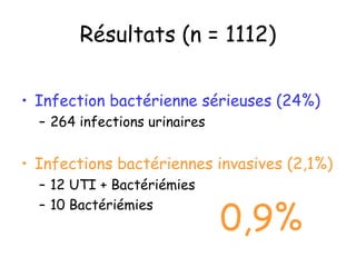 Résultats (n = 1112)
• Infection bactérienne sérieuses (24%)
– 264 infections urinaires

• Infections bactériennes invasives (2,1%)
– 12 UTI + Bactériémies
– 10 Bactériémies

0,9%

 
