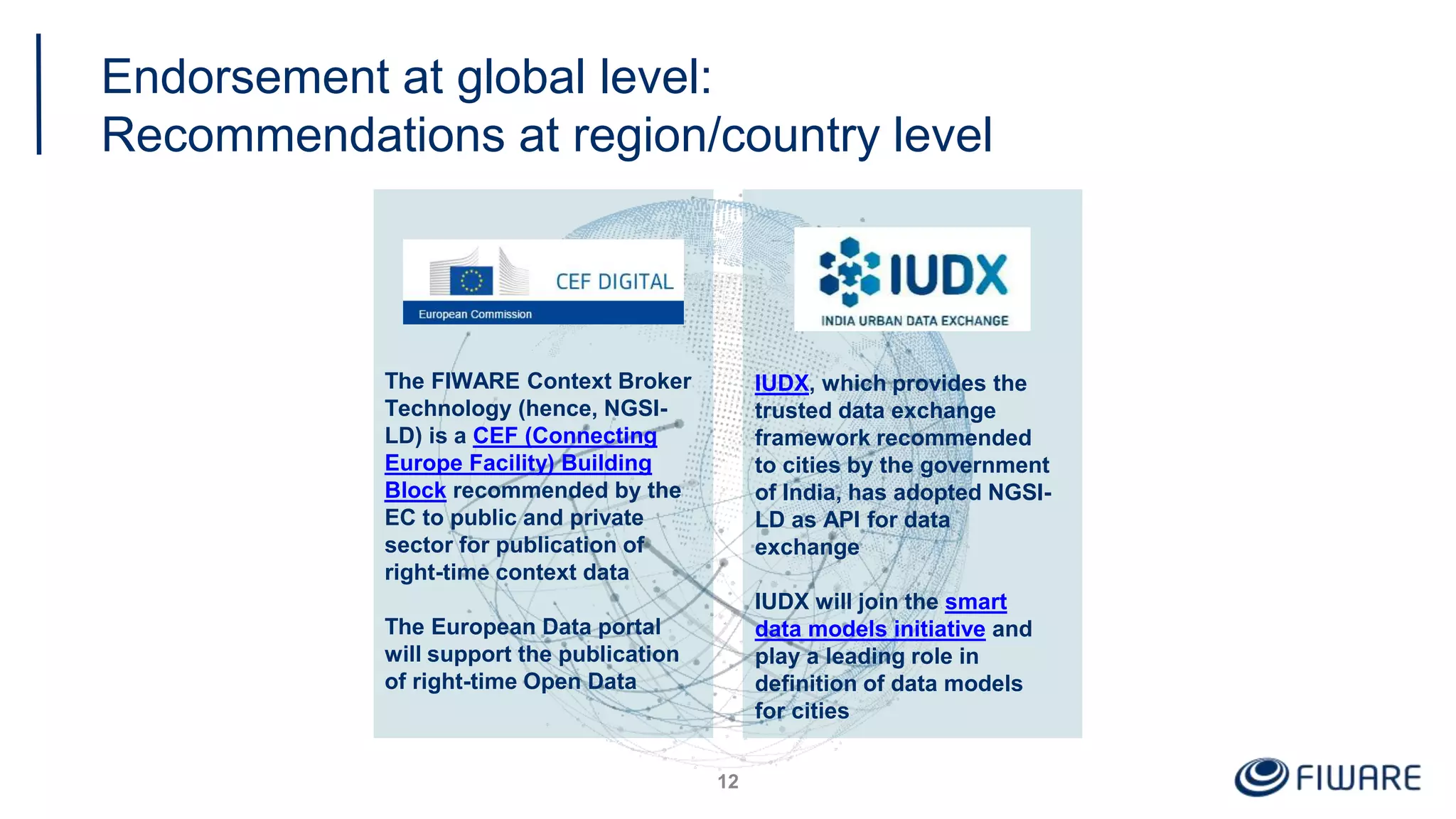 Endorsement at global level:
Recommendations at region/country level
12
The FIWARE Context Broker
Technology (hence, NGSI-
LD) is a CEF (Connecting
Europe Facility) Building
Block recommended by the
EC to public and private
sector for publication of
right-time context data
The European Data portal
will support the publication
of right-time Open Data
IUDX, which provides the
trusted data exchange
framework recommended
to cities by the government
of India, has adopted NGSI-
LD as API for data
exchange
IUDX will join the smart
data models initiative and
play a leading role in
definition of data models
for cities
 