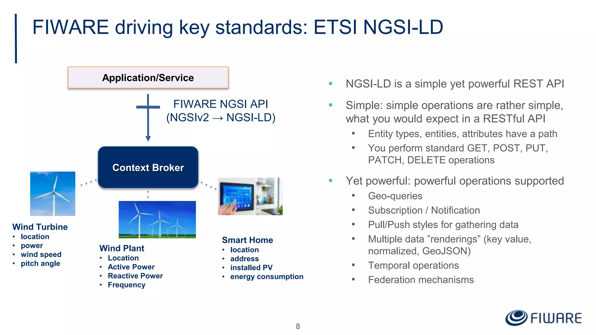 FIWARE driving key standards: ETSI NGSI-LD
▪ NGSI-LD is a simple yet powerful REST API
▪ Simple: simple operations are rather simple,
what you would expect in a RESTful API
• Entity types, entities, attributes have a path
• You perform standard GET, POST, PUT,
PATCH, DELETE operations
▪ Yet powerful: powerful operations supported
• Geo-queries
• Subscription / Notification
• Pull/Push styles for gathering data
• Multiple data ”renderings” (key value,
normalized, GeoJSON)
• Temporal operations
• Federation mechanisms
8
Smart Home
• location
• address
• installed PV
• energy consumption
Wind Plant
• Location
• Active Power
• Reactive Power
• Frequency
Application/Service
FIWARE NGSI API
(NGSIv2 → NGSI-LD)
Context Broker
Wind Turbine
• location
• power
• wind speed
• pitch angle
 
