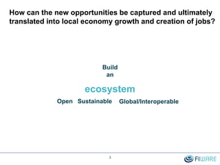 How can the new opportunities be captured and ultimately
translated into local economy growth and creation of jobs?
3
ecosystem
Open Global/InteroperableSustainable
Build
an
 