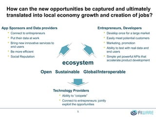 How can the new opportunities be captured and ultimately
translated into local economy growth and creation of jobs?
5
Entrepreneurs, Developers
• Develop once for a large market
• Easily meet potential customers
• Marketing, promotion
• Ability to test with real data and
end users
• Simple yet powerful APIs that
accelerate product development
App Sponsors and Data providers
• Connect to entrepreneurs
• Put their data at work
• Bring new innovative services to
end users
• Be more efficient
• Social Reputation
Technology Providers
• Ability to “coopete”
• Connect to entrepreneurs: jointly
exploit the opportunities
ecosystem
Open Global/InteroperableSustainable
 