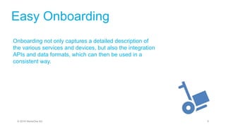 Easy Onboarding
Onboarding not only captures a detailed description of
the various services and devices, but also the integration
APIs and data formats, which can then be used in a
consistent way.
4© 2019 StoneOne AG
 