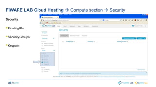 FIWARE LAB Cloud Hosting  Compute section  Security 
Security 
 
Floating IPs 
 
Security Groups 
 
Keypairs 
 