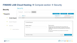 FIWARE LAB Cloud Hosting  Compute section  Security 
Security 
 
Keypairs 
 
Create Keypair 
 
Import Keypair 
 
Actions 
 Delete Keypairs 
 