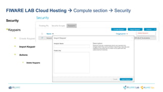 FIWARE LAB Cloud Hosting  Compute section  Security 
Security 
 
Keypairs 
 
Create Keypair 
 
Import Keypair 
 
Actions 
 Delete Keypairs 
 