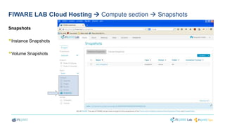 FIWARE LAB Cloud Hosting  Compute section  Snapshots 
Snapshots 
 
Instance Snapshots 
 
Volume Snapshots 
 