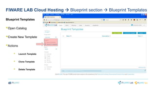 FIWARE LAB Cloud Hosting  Blueprint section  Blueprint Templates 
Blueprint Templates 
 
Open Catalog 
 
Create New Template 
 
Actions 
 
Launch Template 
 
Clone Template 
 
Delete Template 
 