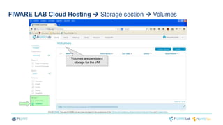 FIWARE LAB Cloud Hosting  Storage section  Volumes 
Volumes are persistent 
storage for the VM 
 