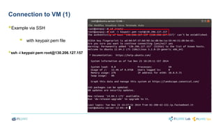 Connection to VM (1) 
 
Example via SSH 
 
with keypair.pem file 
 
ssh -i keypair.pem root@130.206.127.157 
 