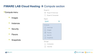 FIWARE LAB Cloud Hosting  Compute section 
 
Compute menu 
 
Images 
 
Instances 
 
Security 
 
Flavors 
 
Snapshots 
 