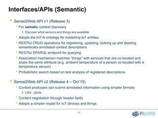 11
Interfaces/APIs (Semantic)
 Sense2Web API v1 (Release 3)
• For sematic context discovery
› Discover what sensors and things are available
• Adopts the IoT-A ontology for modelling IoT entities.
• RESTful CRUD operations for registering, updating, looking up and deleting
semantically-annotated context descriptions
• RESTful SPARQL endpoint for querying
• Association mechanism matches “things” with services that are co-located and
share the same attribute (e.g. ambient temperature of a person co-located with a
temperature sensor)
• Probabilistic search based on text analysis of registered descriptions.
 Sense2Web API v2 (Release 4 – Oct’15)
• Context producers can submit annotated information using simpler formats
› CSV, JSON
• Content negotiation through header fields
• Adopts a simpler model for IoT devices and things
 