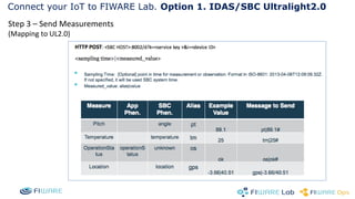 Connect your IoT to FIWARE Lab. Option 1. IDAS/SBC Ultralight2.0 
Step 3 – Send Measurements 
(Mapping to UL2.0) 
 