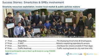 Success Stories: Smartcities & SMEs involvement 
Smartcity resources exploitation, involve local market & public policies makers 
1st Prize………….MagicBox…………………………………………….….…..…TVs displaying Smartcities & Smartspaces. 
2nd Prize………….FI-BOT……………………………………………………..….…Robotics exploiting opendata & sensors. 
3rd Prize.…………OpenAlerts……..…..............................................Interfaces for citizens (mobile If-Then App). 
4th Prize………….Traffic Heatmap…..............................................Traffic routing based on city real-time Info. 
8 
Winning Teams 
33 succeeded building a product-like working App (of 77 registered developers) 
Several participants own a Start-up & keep on using FIWARE 
 