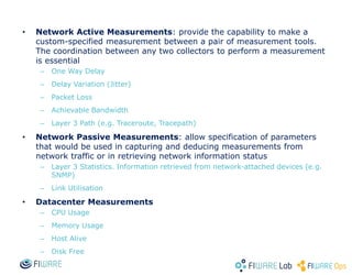 • Network Active Measurements: provide the capability to make a
custom-specified measurement between a pair of measurement tools.
The coordination between any two collectors to perform a measurement
is essential
– One Way Delay
– Delay Variation (Jitter)
– Packet Loss
– Achievable Bandwidth
– Layer 3 Path (e.g. Traceroute, Tracepath)
• Network Passive Measurements: allow specification of parameters
that would be used in capturing and deducing measurements from
network traffic or in retrieving network information status
– Layer 3 Statistics. Information retrieved from network-attached devices (e.g.
SNMP)
– Link Utilisation
• Datacenter Measurements
– CPU Usage
– Memory Usage
– Host Alive
– Disk Free
 