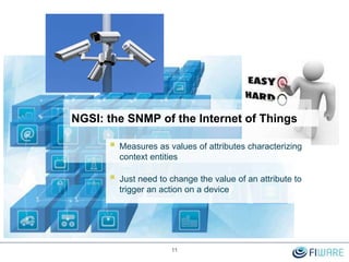 NGSI: the SNMP of the Internet of Things
 Measures as values of attributes characterizing
context entities
 Just need to change the value of an attribute to
trigger an action on a device
11
 