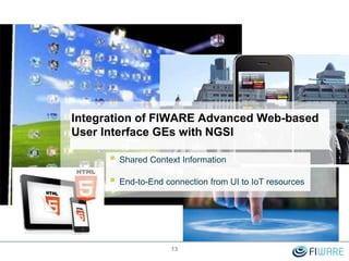 Integration of FIWARE Advanced Web-based
User Interface GEs with NGSI
 Shared Context Information
 End-to-End connection from UI to IoT resources
13
 