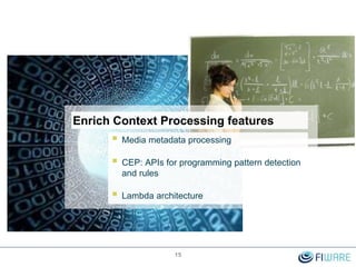 Enrich Context Processing features
 Media metadata processing
 CEP: APIs for programming pattern detection
and rules
 Lambda architecture
15
 