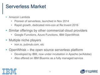Serverless Market
 Amazon Lambda
• Pioneer of serverless, launched in Nov 2014
• Rapid growth, dedicated mini-con at Re:Invent 2016
 Similar offerings by other commercial cloud providers
• Google Functions, Azure Functions, IBM OpenWhisk
 Multiple niche players
• iron.io, pubnub.com, etc
 OpenWhisk – the open source serverless platform
• Developed by IBM, now under incubation in Apache (w/Adobe)
• Also offered on IBM Bluemix as a fully managed service
5
 