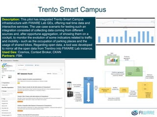 Trento Smart Campus
Description: This pilot has integrated Trento Smart Campus
infrastsructure with FIWARE Lab GEs, offering real time data and
interactive services. The use case scenario for testing such an
integration consisted of collecting data coming from different
sources and, after opportune aggregation, of showing them on a
cockpit, to monitor the evolution of some indicators related to traffic
and mobility - such as the occupation of parking places and the
usage of shared bikes. Regarding open data, a tool was developed
to mirror all the open data from Trentino into FIWARE Lab instance.
Used Ges: Cosmos, Context Broker, CKAN
Partners: FBK
 