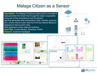 Malaga Citizen as a Sensor
Description: The Malaga CitySense project aims to innovate in
data generation for Smart City through the citizen cooperation
using use of their Smartphone and his sensors.
App that generates data (temperature, light, humidity, pressure,
etc.), shows relevant open data from the city, detects iBeacons
deployed to track tourism visits.
Web application shows data and statistics.
Used GEs: Context Broker, Wirecloud, CKAN
Partners: Soidemer/TopDigital
 