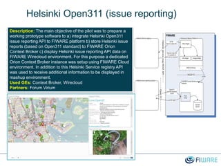 Helsinki Open311 (issue reporting)
Description: The main objective of the pilot was to prepare a
working prototype software to a) integrate Helsinki Open311
issue reporting API to FIWARE platform b) store Helsinki issue
reports (based on Open311 standard) to FIWARE Orion
Context Broker c) display Helsinki issue reporting API data on
FIWARE Wirecloud environment. For this purpose a dedicated
Orion Context Broker instance was setup using FIWARE Cloud
environment. In addition to this Helsinki Service registry API
was used to receive additional information to be displayed in
mashup environment.
Used GEs: Context Broker, Wirecloud
Partners: Forum Virium
 