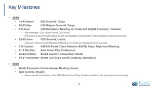 Key Milestones
§ 2019
• 14-15 March B20 Summit, Tokyo
• 20-22 May U20 Mayors Summit, Tokyo
• 8-9 June G20 Ministerial Meeting on Trade and Digital Economy, Tsukuba
□ Acknowledge “G20 Global Smart City Vision”
□ Announce to launch G20 Global Smart City Coalition (presentation of participation requirements etc)
• 28-29 June G20 Summit, Osaka
□ Support / welcome G20 Ministerial Meeting on Trade and Digital Economy results
• 7-9 October ASEAN Smart Cities Network (ASCN) Tokyo High-level Meeting
• 9-10 October Asia Smart City Conference
• 22-24 October Smart Country Convention, Berlin
• 19-21 November Smart City Expo world Congress, Barcelona
§ 2020
• World Economic Forum Annual Meeting, Davos
• G20 Summit, Riyadh
□ Share results of activities of the G20 Global Smart City Coalition widely to the international community
4
 