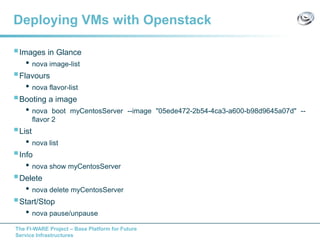 The FI-WARE Project – Base Platform for Future
Service Infrastructures
Deploying VMs with Openstack
Images in Glance
• nova image-list
Flavours
• nova flavor-list
Booting a image
• nova boot myCentosServer --image "05ede472-2b54-4ca3-a600-b98d9645a07d" --
flavor 2
List
• nova list
Info
• nova show myCentosServer
Delete
• nova delete myCentosServer
Start/Stop
• nova pause/unpause
 