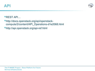 The FI-WARE Project – Base Platform for Future
Service Infrastructures
API
REST API…
http://docs.openstack.org/api/openstack-
compute/2/content/API_Operations-d1e2068.html
http://api.openstack.org/api-ref.html
 