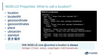 NGSI-LD Properties: What to call a location?
▪ location
▪ locatedAt
▪ geocoordinate
▪ geocoordinates
▪ place
▪ ubicación
▪ standort
▪ 置き場所
15
With NGSI-LD core @context a location is always
https://uri.etsi.org/ngsi-ld/location
NGSI-LD core @context
"@context": {
"ngsi-ld": "https://uri.etsi.org/ngsi-ld/",
"id": "@id",
"type": "@type",
"value": "https://uri.etsi.org/ngsi-ld/hasValue",
"object": {
"@id": "https://uri.etsi.org/ngsi-ld/hasObject",
"@type": "@id"
},
"Property": "https://uri.etsi.org/ngsi-ld/Property"
"Relationship": "https://uri.etsi.org/ngsi-ld/Relationship",
... etc.
"unitCode": "https://uri.etsi.org/ngsi-ld/unitCode",
"location": "https://uri.etsi.org/ngsi-ld/location",
... etc.
}
 