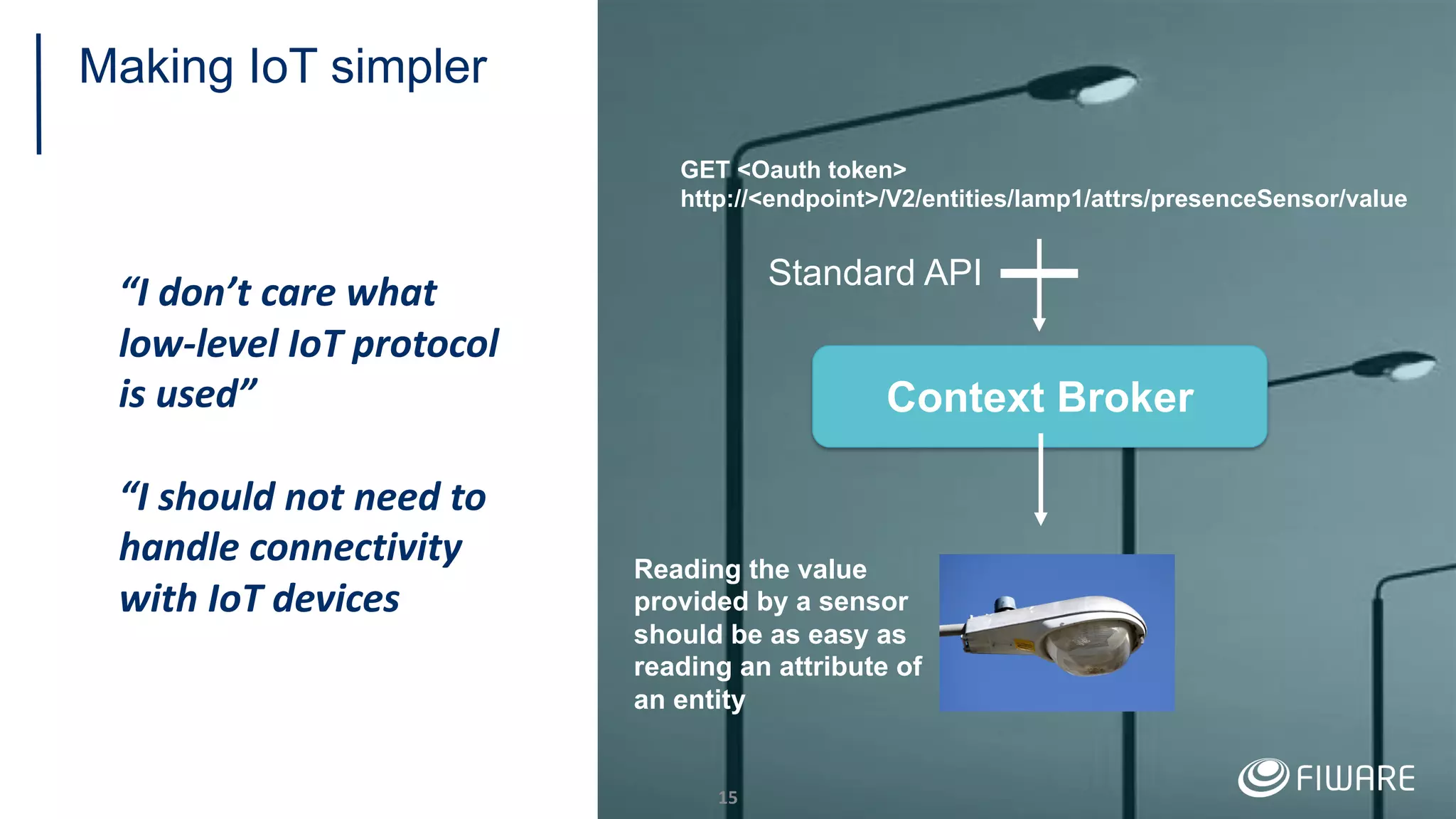 Making IoT simpler
15
Context Broker
Standard API
Reading the value
provided by a sensor
should be as easy as
reading an attribute of
an entity
“I don’t care what
low-level IoT protocol
is used”
“I should not need to
handle connectivity
with IoT devices”
GET <Oauth token>
http://<endpoint>/V2/entities/lamp1/attrs/presenceSensor/value
 