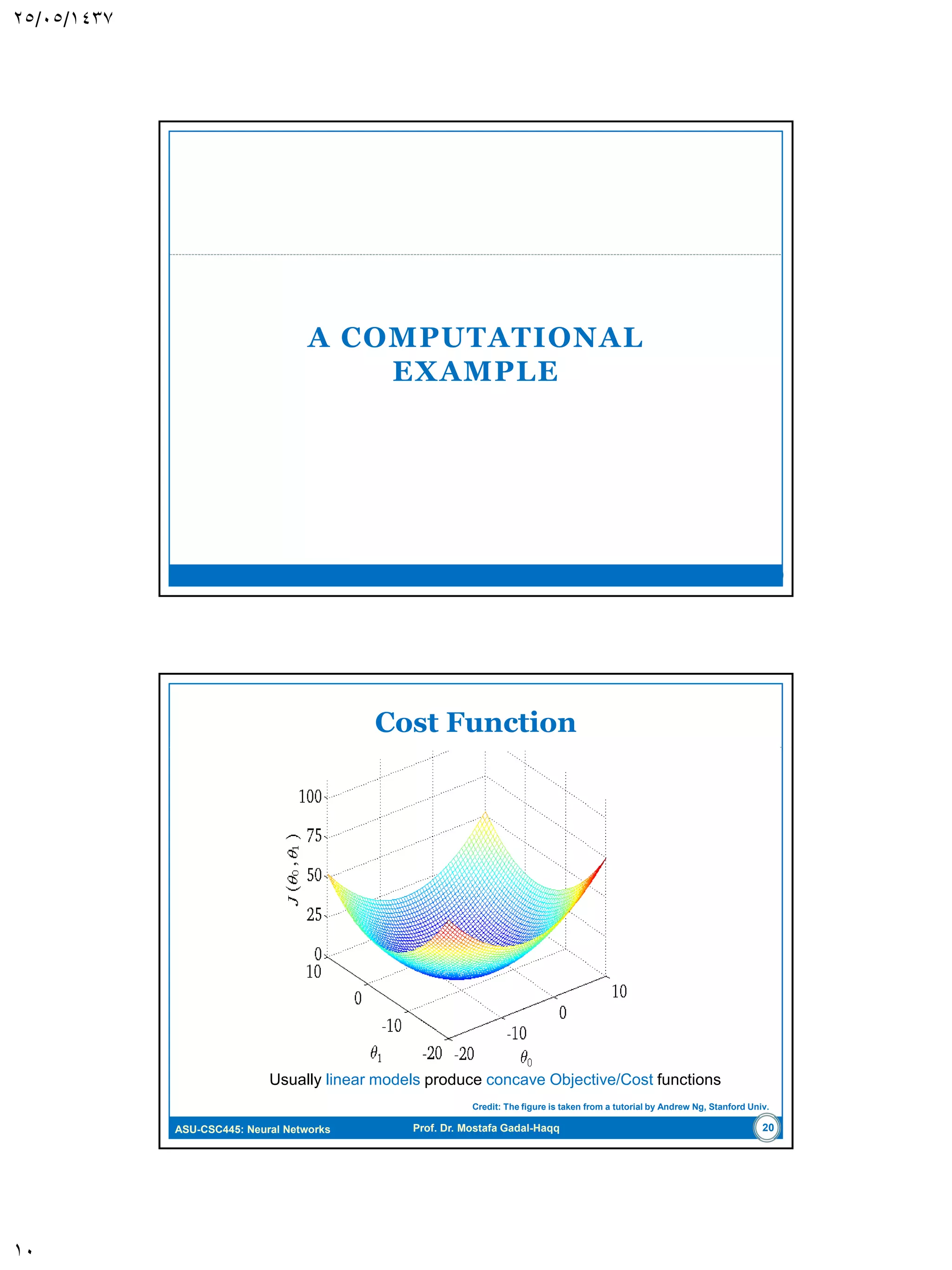 ASU-CSC445: Neural Networks Prof. Dr. Mostafa Gadal-Haqq Unconstrained Optimization: A Review Newton’s Method  The idea is to minimize the quadratic approximation of the cost function E (w) around the current point w(n):  Where H(n) is the Hessian matrix of E (w)  The weights are updated by minimizing E (w) as: 10 )()()( 2 1 )()(g ))(())1(())(( T nnnnn nnn T wHww www   EEE                                           2 2 2 2 1 2 2 2 2 2 2 12 2 1 2 21 2 2 1 2 2 ))(()( MMM M M wwwww wwwww wwwww nn EEE EEE EEE E     wH )()()( )()()1( 1 nnn nnn gHw www    