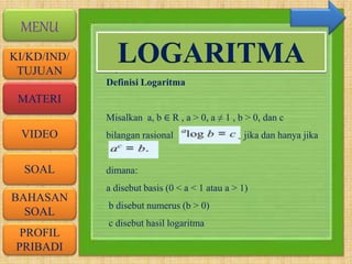 VIDEO
MATERI
SOAL
BAHASAN
SOAL
PROFIL
PRIBADI
KI/KD/IND/
TUJUAN
MENU
.
Definisi Logaritma
Misalkan a, b ∈ R , a > 0, a ≠ 1 , b > 0, dan c
bilangan rasional , jika dan hanya jika
dimana:
a disebut basis (0 < a < 1 atau a > 1)
b disebut numerus (b > 0)
c disebut hasil logaritma
LOGARITMA
 