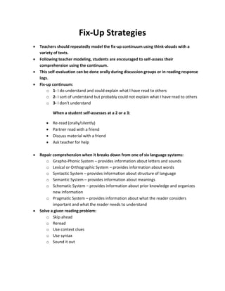 Fix-Up Strategies
 Teachers should repeatedly model the fix-up continuum using think-alouds with a
variety of texts.
 Following teacher modeling, students are encouraged to self-assess their
comprehension using the continuum.
 This self-evaluation can be done orally during discussion groups or in reading response
logs.
 Fix-up continuum:
o 1- I do understand and could explain what I have read to others
o 2- I sort of understand but probably could not explain what I have read to others
o 3- I don’t understand
When a student self-assesses at a 2 or a 3:
 Re-read (orally/silently)
 Partner read with a friend
 Discuss material with a friend
 Ask teacher for help
 Repair comprehension when it breaks down from one of six language systems:
o Grapho-Phonic System – provides information about letters and sounds
o Lexical or Orthographic System – provides information about words
o Syntactic System – provides information about structure of language
o Semantic System – provides information about meanings
o Schematic System – provides information about prior knowledge and organizes
new information
o Pragmatic System – provides information about what the reader considers
important and what the reader needs to understand
 Solve a given reading problem:
o Skip ahead
o Reread
o Use context clues
o Use syntax
o Sound it out
 
