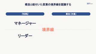 概念と紐付いた言葉の境界線を認識する
『役割』 概念(対象)
マネージャー
リーダー
境界線
 