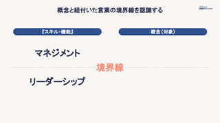 概念と紐付いた言葉の境界線を認識する
『スキル・機能』 概念(対象)
マネジメント
リーダーシップ
境界線
 