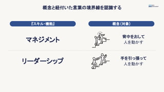 概念と紐付いた言葉の境界線を認識する
『スキル・機能』 概念(対象)
マネジメント
リーダーシップ
背中をおして
人を動かす
手を引っ張って
人を動かす
 