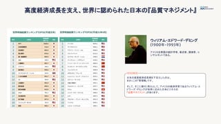 高度経済成長を支え、世界に認められた日本の『品質マネジメント』
1950年代
日本の高度経済成長期を下支えしたのは、
まさにこの「管理職」です。
そして、そこに根付く考えとして、アメリカの経済学者であるウィリアム・エ
ドワーズ・デミングが世界に広めた日本ビジネスの
「品質マネジメント 」があります。
ウィリアム・エドワード・デミング
(1900年-1993年)
アメリカ合衆国の統計学者、著述家、講演者、コ
ンサルタントである。
 