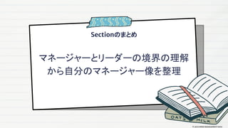 Sectionのまとめ
マネージャーとリーダーの境界の理解
から自分のマネージャー像を整理
© 2024 MIRAI MANAGEMENT KAIGI
 