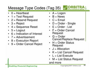Message Type Codes (Tag 35)
•   0 = Heartbeat                • A = Logon
•   1 = Test Request             • B = News
•   2 = Resend Request           • C = Email
•   3 = Reject                   • D = Order - Single
•   4 = Sequence Reset           • E = Order - List
•   5 = Logout                   • F = Order Cancel
•   6 = Indication of Interest     Request
•   7 = Advertisement            • G = Order
•   8 = Execution Report           Cancel/Replace Request
•   9 = Order Cancel Reject      • H = Order Status
                                   Request
                                 • J = Allocation
                                 • K = List Cancel Request
                                 • L = List Execute
                                 • M = List Status Request
                                 and more
                                                         30
 