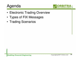 Agenda
• Electronic Trading Overview
• Types of FIX Messages
• Trading Scenarios




                                34
 