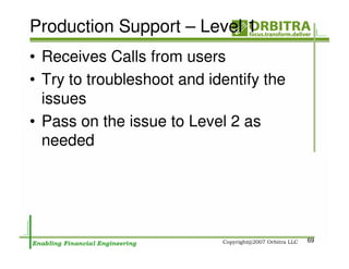 Production Support – Level 1
• Receives Calls from users
• Try to troubleshoot and identify the
  issues
• Pass on the issue to Level 2 as
  needed




                                         69
 