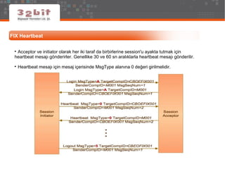 FIX Heartbeat

Acceptor ve initiator olarak her iki taraf da birbirlerine session'u ayakta tutmak için
heartbeat mesajı gönderirler. Genellike 30 ve 60 sn aralıklarla heartbeat mesajı gönderilir.

Heartbeat mesajı için mesaj içerisinde MsgType alanına 0 değeri girilmelidir.
 