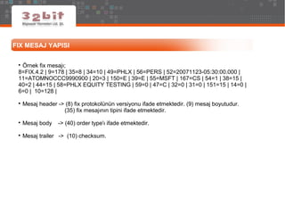 FIX MESAJ YAPISI

Örnek fix mesajı;
8=FIX.4.2 | 9=178 | 35=8 | 34=10 | 49=PHLX | 56=PERS | 52=20071123-05:30:00.000 |
11=ATOMNOCCC9990900 | 20=3 | 150=E | 39=E | 55=MSFT | 167=CS | 54=1 | 38=15 |
40=2 | 44=15 | 58=PHLX EQUITY TESTING | 59=0 | 47=C | 32=0 | 31=0 | 151=15 | 14=0 |
6=0 | 10=128 |

Mesaj header -> (8) fix protokolünün versiyonu ifade etmektedir. (9) mesaj boyutudur.
(35) fix mesajının tipini ifade etmektedir.

Mesaj body -> (40) order type'ı ifade etmektedir.

Mesaj trailer -> (10) checksum.
 